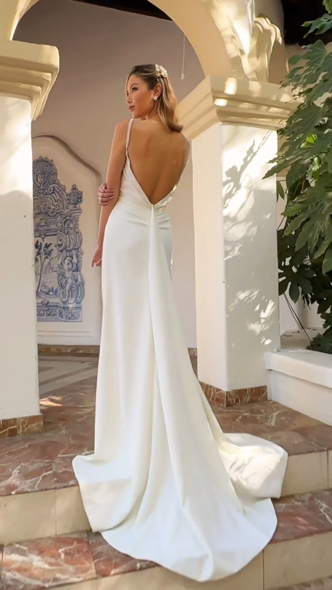 Moonlight Tango T190 Video of Sweetheart and deep V-back with pearl straps regal crepe mermaid gown