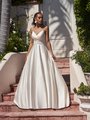 Moonlight Tango T921 classic full A-line satin bridal gown with ruched sweetheart neckline and thin spaghetti straps