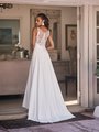 Moonlight Tango T925 chic crepe wedding dress with illusion bateau back lace appliques and couture belt at waist with sweep train