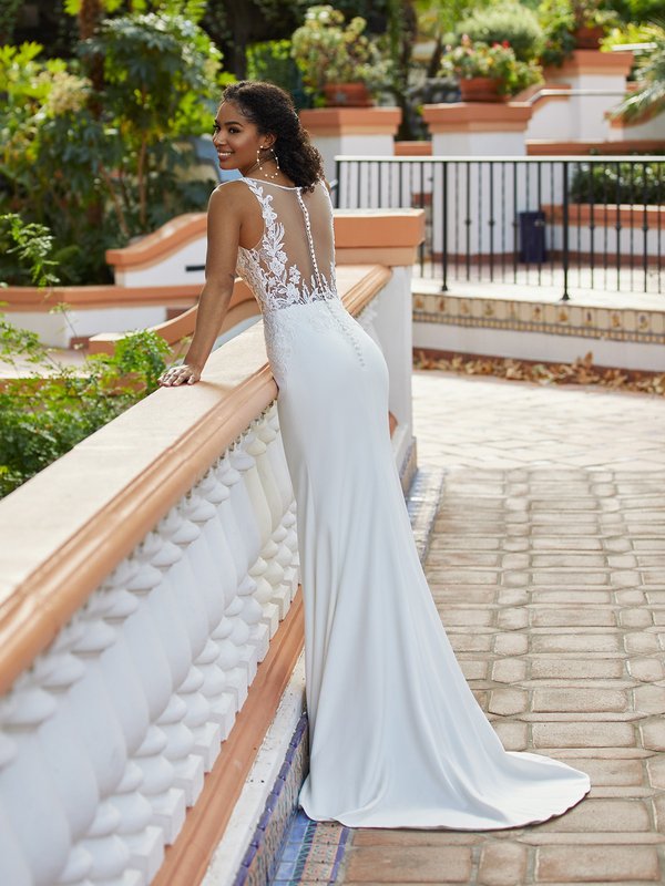 Style T939 Modern Crepe and Floral Lace Deep V-Neck Mermaid Bridal Gown