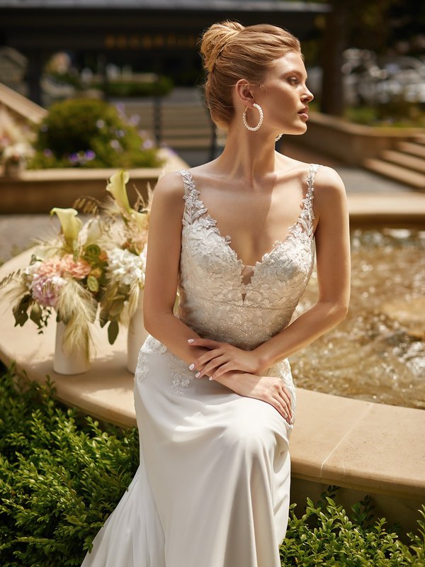 Straight Neckline Crepe Bridal Gown with Cutout Lace Train Moonlight Tango  T964