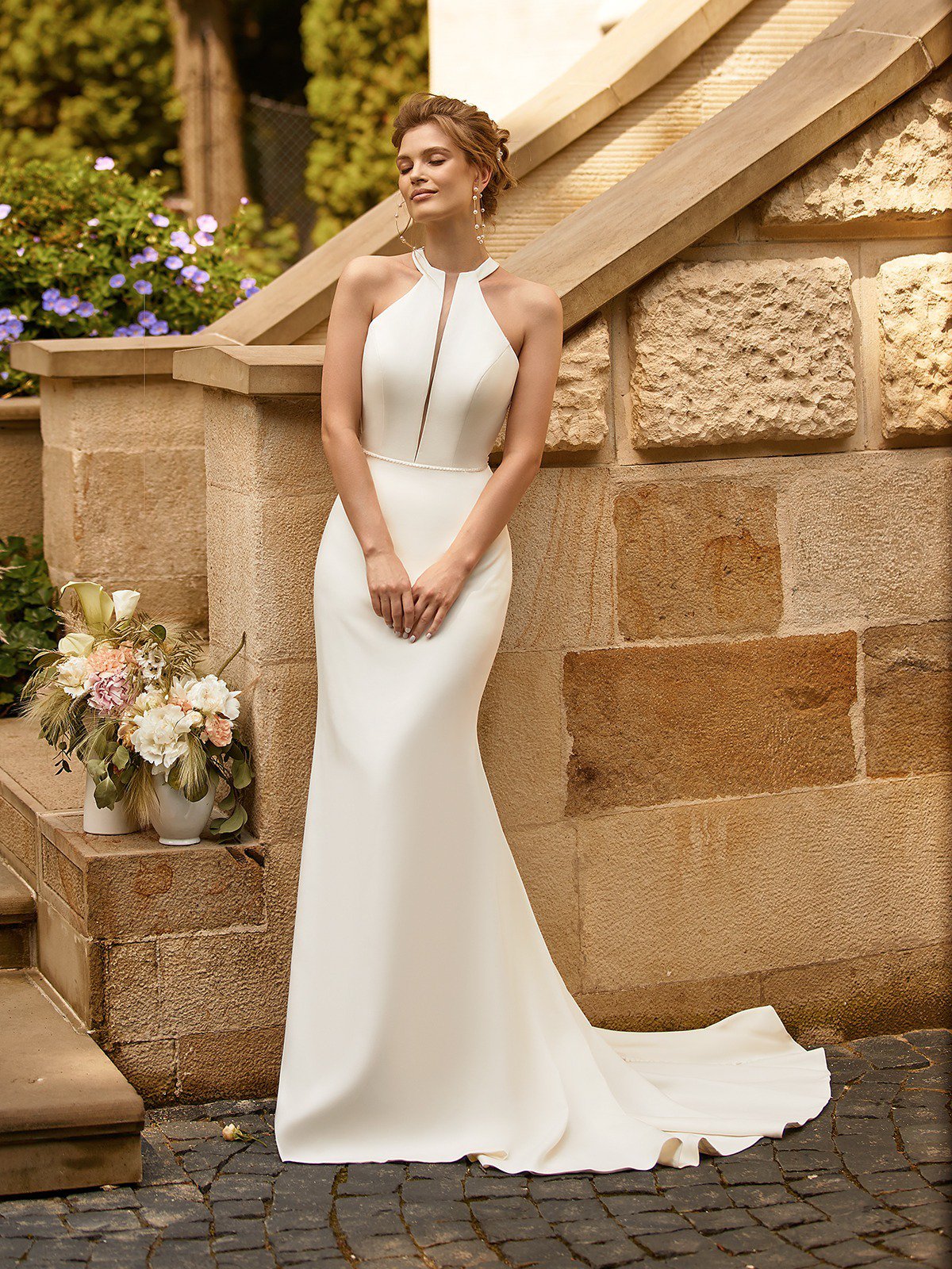 Crepe Racerback Wedding Dress with Halter Neckline