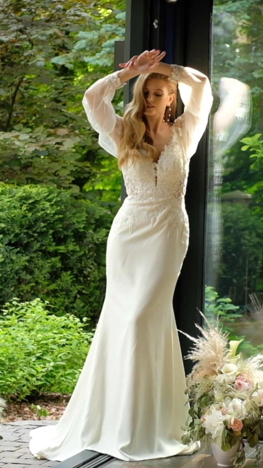 Sheer Back Crepe Wedding Dress with Lace Train