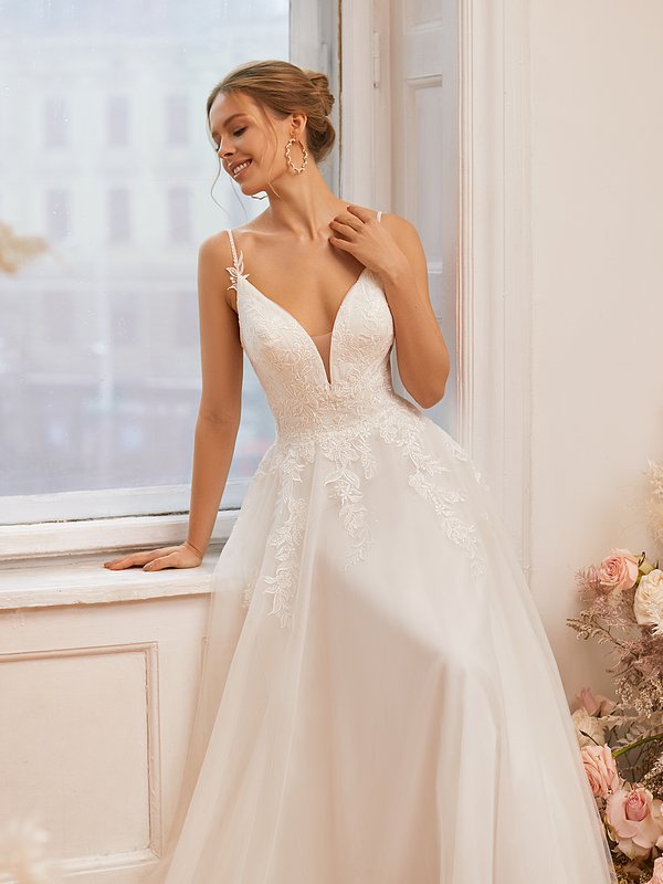 Layered Tulle Unlined Lace Wedding Ball Gown with Deep V-neck