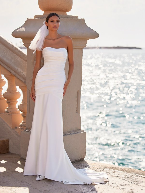 Strapless Sweetheart Satin Mermaid Gown with Illusion Back Moonlight Tango  T990